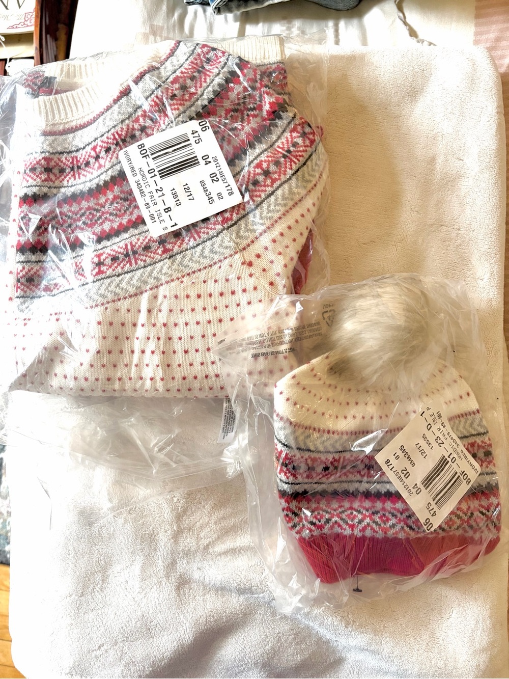 Talbots Cream and Red Fair Isle Cowl Sweater with Pom Beanie